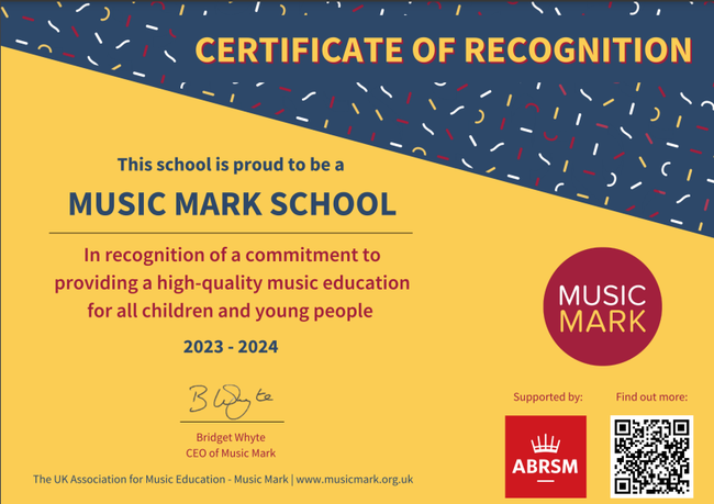 We are proud to be a Music Mark school in recognition of our commitment to providing high-quality music education to all of our pupils